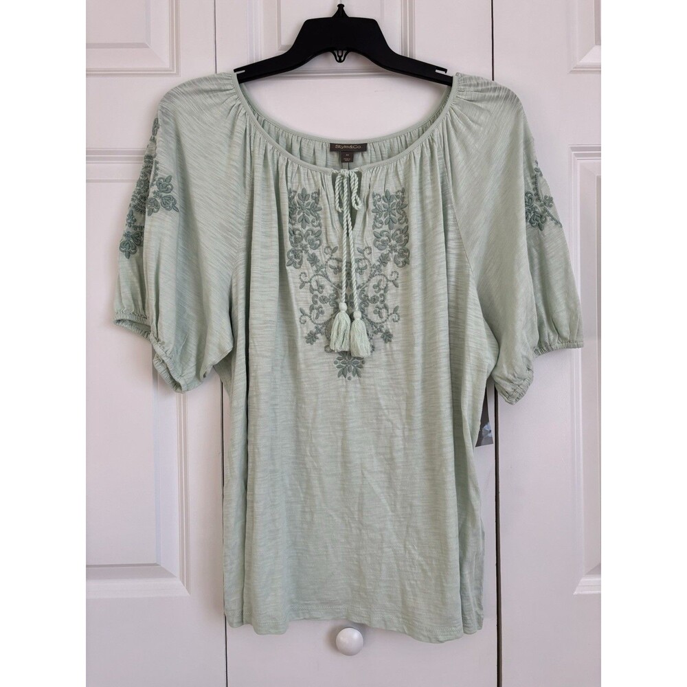 STYLE & CO. WOMEN'S TOPS SIZE 3X GREEN EMBROIDERED PEASANT SHORT PUFF SLEEVES